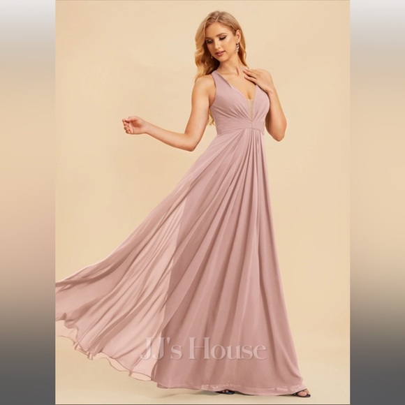 A-line V-Neck Floor-Length Chiffon Bridesmaid Dress With Ruffle - Picture 1 of 8